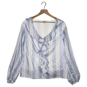 Listicle Blue and White Striped Ruffle Blouse Lightweight Long Sleeve V Neck‎